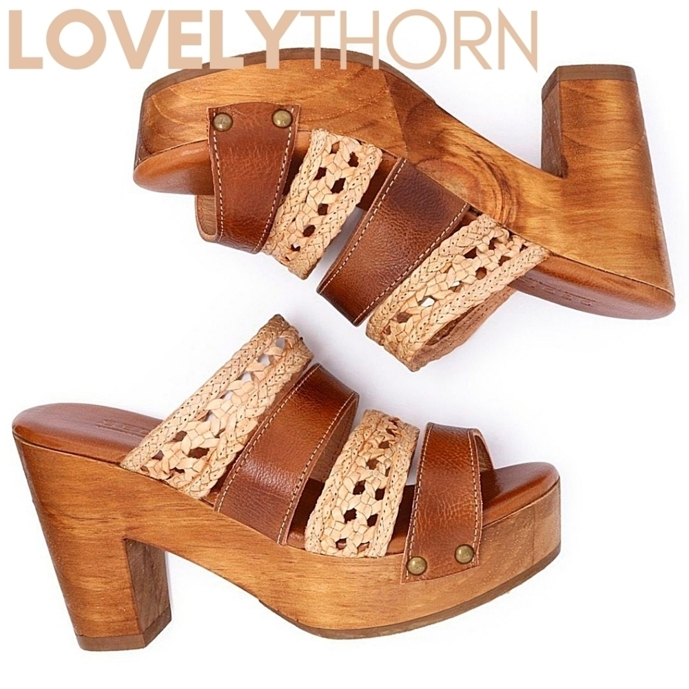 BED STU // crystal wooden platform slide heels woven straps